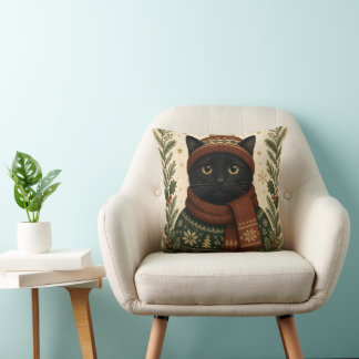 Vintage Christmas black cat Cushion