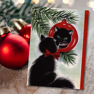 Vintage Christmas Black Cat Looking At Ornament Holiday Card