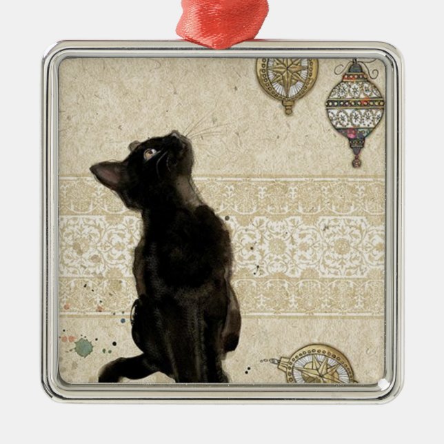 Vintage Christmas Black Cat Looking At Ornaments (Front)