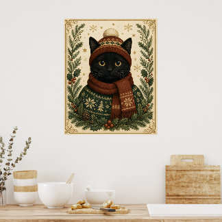Vintage Christmas black cat Poster