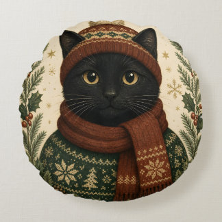 Vintage Christmas black cat Round Cushion