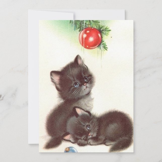 Vintage Christmas Black Cats Under Tree Holiday Card (Front)