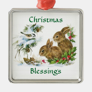 Vintage Christmas Blessings Bunnies Metal Tree Decoration