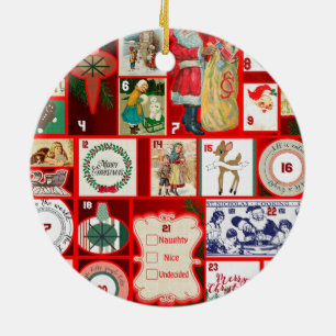 Vintage Christmas Block Advent Calendar Grid Art Ceramic Tree Decoration