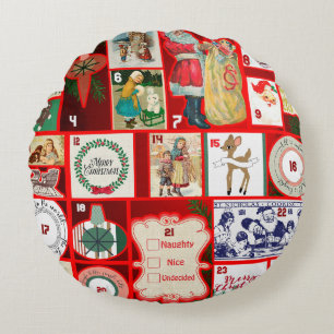Vintage Christmas Block Advent Calendar Grid Art Round Cushion