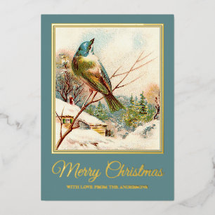 Vintage Christmas Blue Bird in Winter Snow Foil Holiday Card
