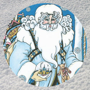 Vintage Christmas, Blue Santa Claus with Snowglobe Classic Round Sticker