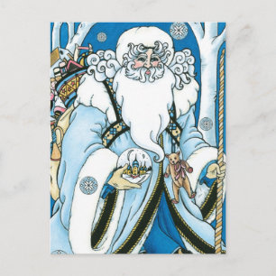 Vintage Christmas, Blue Santa Claus with Snowglobe Holiday Postcard