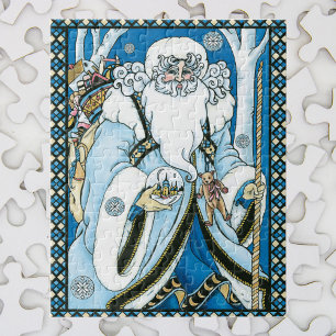 Vintage Christmas, Blue Santa Claus with Snowglobe Jigsaw Puzzle