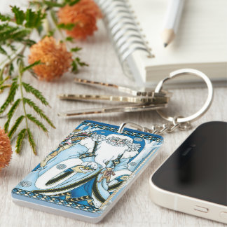 Vintage Christmas, Blue Santa Claus with Snowglobe Key Ring