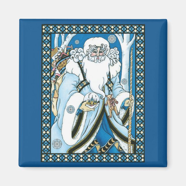 Vintage Christmas, Blue Santa Claus with Snowglobe Magnet (Front)