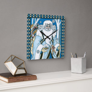 Vintage Christmas, Blue Santa Claus with Snowglobe Square Wall Clock