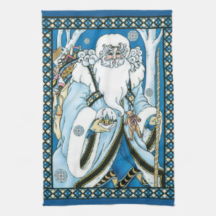 Vintage Christmas, Blue Santa Claus with Snowglobe Tea Towel