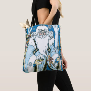 Vintage Christmas, Blue Santa Claus with Snowglobe Tote Bag