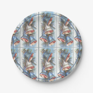 Vintage Christmas Blue Silver Bells Paper Plate