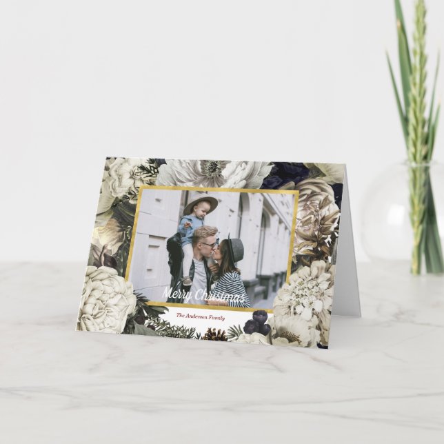 Vintage Christmas Botanical family photo Holiday Card (Front)