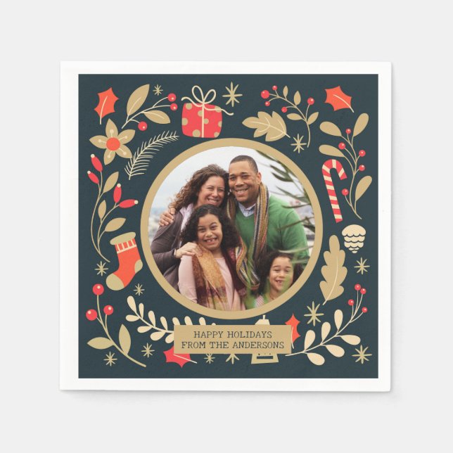 Vintage Christmas Botanical Family Photo Napkin (Front)