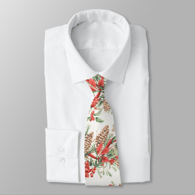 Vintage Christmas Botanical Pine Berries Holiday Tie (Tied)