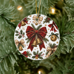 Vintage Christmas Bows and Golden Bells Holiday  Ceramic Tree Decoration