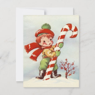 Vintage Christmas Boy And Big Candy Cane Holiday Card