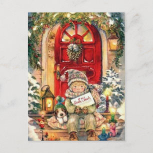 Vintage Christmas Boy and Dog Holiday Postcard