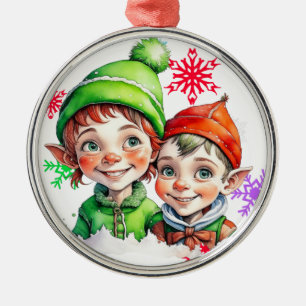 Vintage Christmas Boy and Girl Elves Metal Tree Decoration