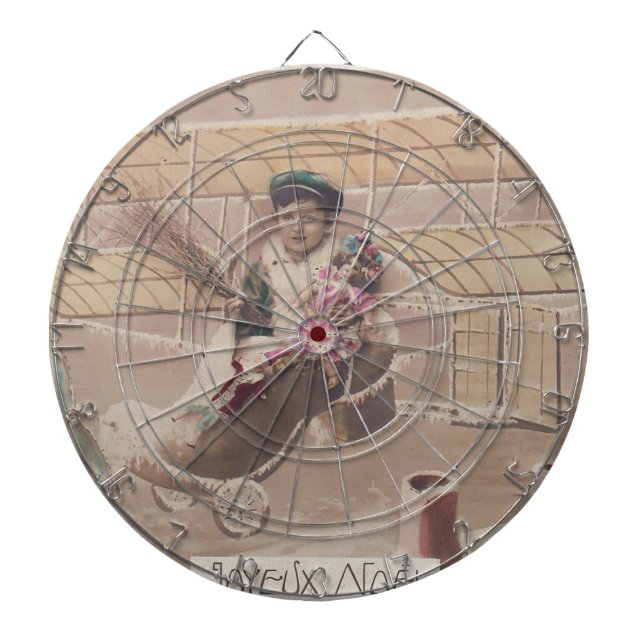 Vintage Christmas Boy Flying Airship Fantasy Dartboard (Front)