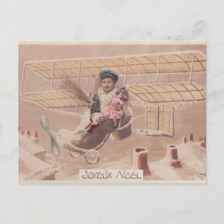 Vintage Christmas Boy Flying Airship Fantasy Holiday Postcard
