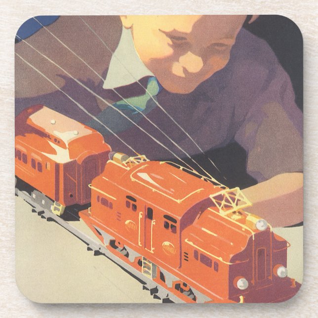 Vintage Christmas, Boy Playing with Toys Trains Coaster (Front)