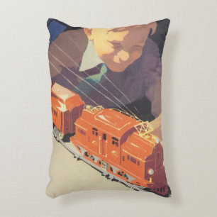 Vintage Christmas, Boy Playing with Toys Trains Decorative Cushion