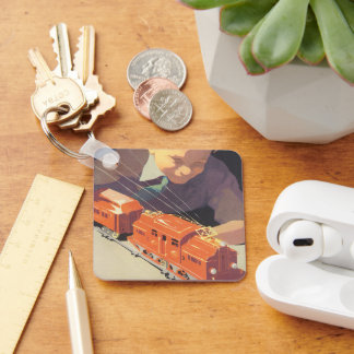 Vintage Christmas, Boy Playing with Toys Trains Key Ring