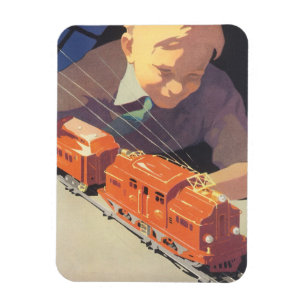 Vintage Christmas, Boy Playing with Toys Trains Magnet