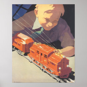 Vintage Christmas, Boy Playing with Toys Trains Poster