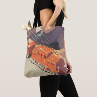 Vintage Christmas, Boy Playing with Toys Trains Tote Bag