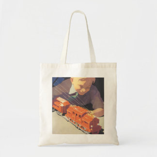 Vintage Christmas, Boy Playing with Toys Trains Tote Bag