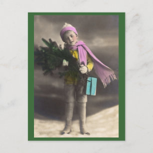 Vintage Christmas Boy, Tree & Gifts Holiday Postcard