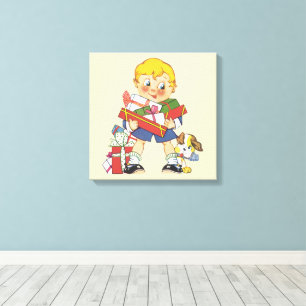 Vintage Christmas, Boy with Presents and Puppy Dog Canvas Print