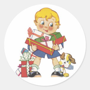 Vintage Christmas, Boy with Presents and Puppy Dog Classic Round Sticker