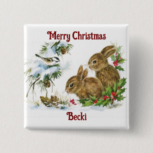 Vintage Christmas Bunnies Button