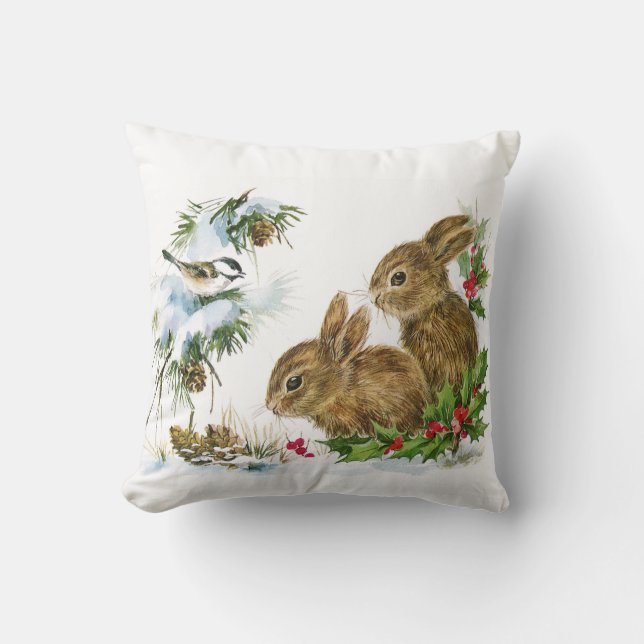 Vintage Christmas Bunnies Cushion (Front)