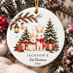 Vintage Christmas Bunnies First Christmas Ceramic Tree Decoration