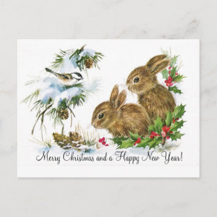 Vintage Christmas Bunnies Holiday Postcard