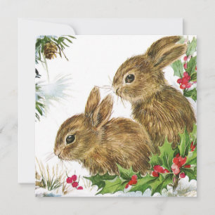 Vintage Christmas Bunnies In Holly Holiday Card