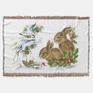 Vintage Christmas Bunnies Throw Blanket