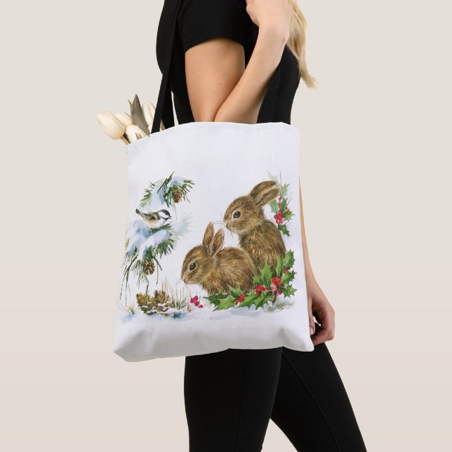 Vintage Christmas Bunnies Tote Bag (Close Up)