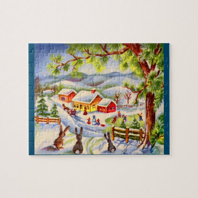 Vintage Christmas bunnies watching Christmas Jigsaw Puzzle (Horizontal)