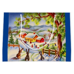 Vintage Christmas bunnies watching Christmas Large Gift Bag