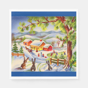 Vintage Christmas bunnies watching Christmas Napkin
