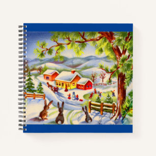 Vintage Christmas bunnies watching Christmas Notebook