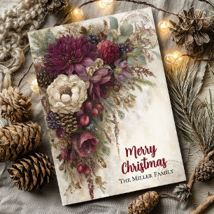 Vintage Christmas Burgundy Floral Personalised  Holiday Card